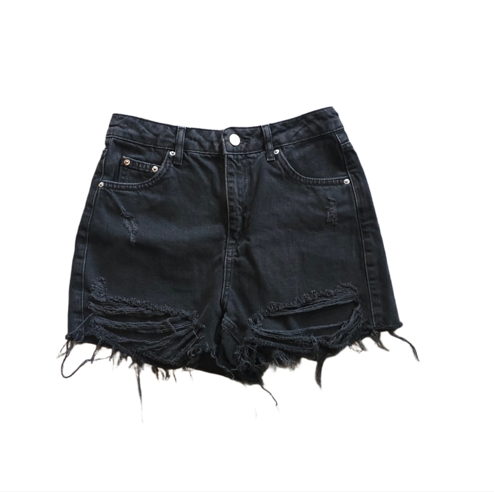 TOPSHOP Black Distressed Denim Moto Shorts